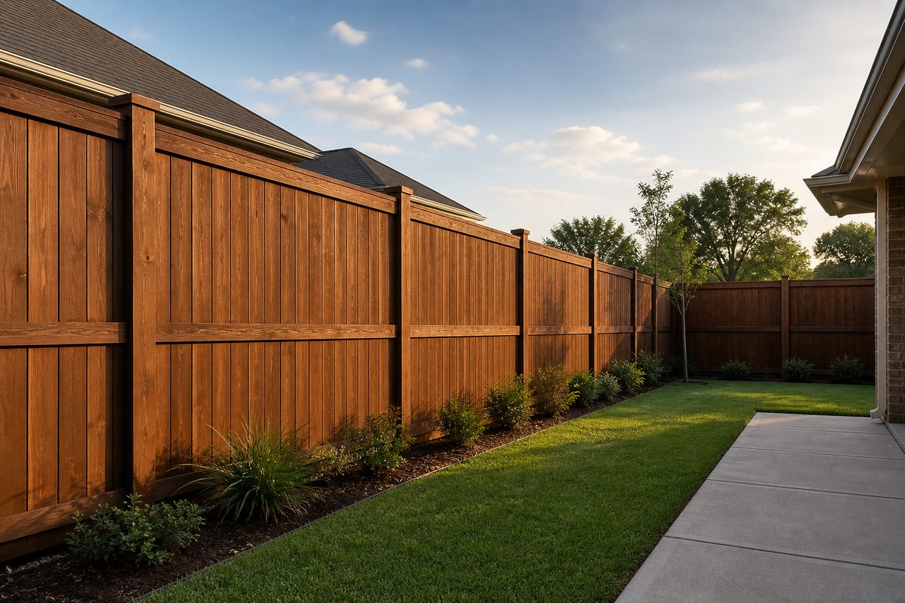 Freshly stained cedar privacy fence in a clean backyard